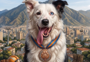 Retrato fotorrealista del perro rescatista Tsunami, un Border Collie blanco y negro con un ojo azul y otro oscuro. Lleva una medalla de rescate en el cuello. De fondo se observa la ciudad de Caracas, el cerro Ávila y el teleférico. En primer plano hay equipo de rescatista: botas, casco y linterna. Arriba dice "TSUNAMI" y en la base tiene una placa que dice "HÉROE RESCATISTA".