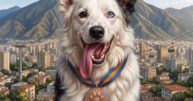 Retrato fotorrealista del perro rescatista Tsunami, un Border Collie blanco y negro con un ojo azul y otro oscuro. Lleva una medalla de rescate en el cuello. De fondo se observa la ciudad de Caracas, el cerro Ávila y el teleférico. En primer plano hay equipo de rescatista: botas, casco y linterna. Arriba dice "TSUNAMI" y en la base tiene una placa que dice "HÉROE RESCATISTA".