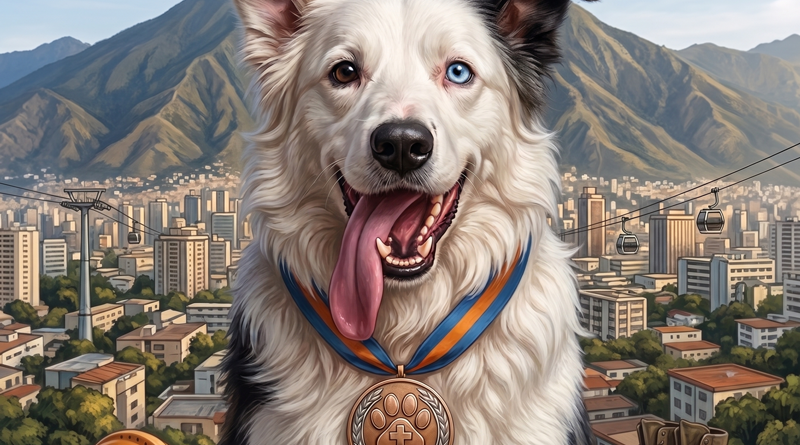 Retrato fotorrealista del perro rescatista Tsunami, un Border Collie blanco y negro con un ojo azul y otro oscuro. Lleva una medalla de rescate en el cuello. De fondo se observa la ciudad de Caracas, el cerro Ávila y el teleférico. En primer plano hay equipo de rescatista: botas, casco y linterna. Arriba dice "TSUNAMI" y en la base tiene una placa que dice "HÉROE RESCATISTA".