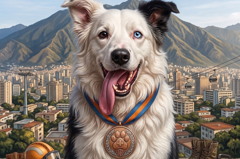 Retrato fotorrealista del perro rescatista Tsunami, un Border Collie blanco y negro con un ojo azul y otro oscuro. Lleva una medalla de rescate en el cuello. De fondo se observa la ciudad de Caracas, el cerro Ávila y el teleférico. En primer plano hay equipo de rescatista: botas, casco y linterna. Arriba dice "TSUNAMI" y en la base tiene una placa que dice "HÉROE RESCATISTA".