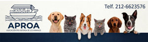 Encabezado de APROA con su logotipo oficial, un grupo de perros y gatos, y el teléfono de contacto 212-6623576.