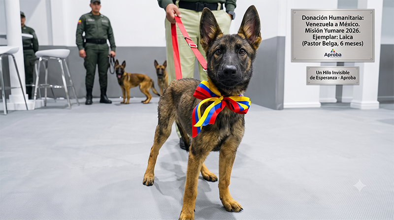 Un cachorro de Pastor Belga Malinois de seis meses, con un lazo tricolor de Venezuela (amarillo, azul y rojo) en el cuello, parado en el centro de una ceremonia oficial. Está mirando a la cámara. Detrás de ella, dos miembros uniformados del agrupamiento Yumare de México están de pie, con otros dos cachorros. En la pared del fondo hay dos placas grabadas. La principal dice: 'Donación Humanitaria: Venezuela a México. Misión Yumare 2026. Ejemplar: Laica (Pastor Belga, 6 meses)'. La placa secundaria dice: 'Un Hilo Invisible de Esperanza - Aproba'. El logo de Aproa está en la esquina inferior derecha.