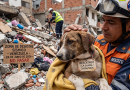 Rescatista de Protección Civil sostiene en brazos a un cachorro herido pero a salvo, envuelto en una manta amarilla, entre los escombros del terremoto en Venezuela.