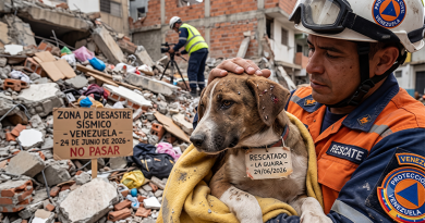 Rescatista de Protección Civil sostiene en brazos a un cachorro herido pero a salvo, envuelto en una manta amarilla, entre los escombros del terremoto en Venezuela.
