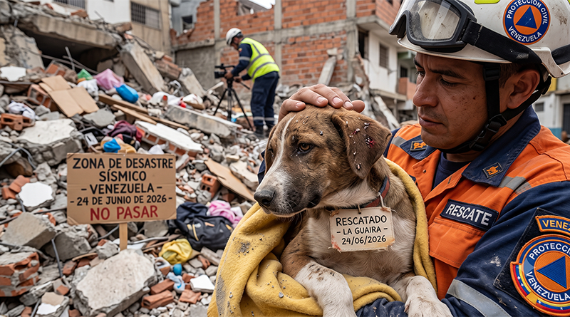 Rescatista de Protección Civil sostiene en brazos a un cachorro herido pero a salvo, envuelto en una manta amarilla, entre los escombros del terremoto en Venezuela.