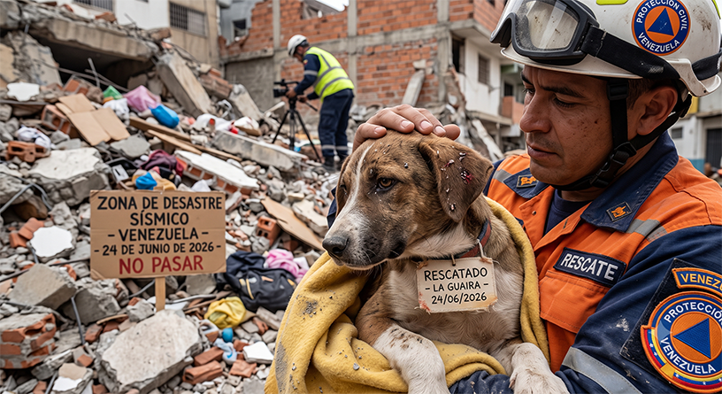 Rescatista de Protección Civil sostiene en brazos a un cachorro herido pero a salvo, envuelto en una manta amarilla, entre los escombros del terremoto en Venezuela.