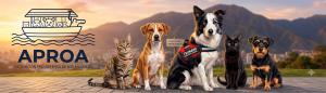 Encabezado de APROA con su logotipo oficial, acompañado del perro rescatista Tsunami y un grupo de perros y gatos criollos hiperrealistas, con la ciudad de Caracas y El Ávila de fondo.