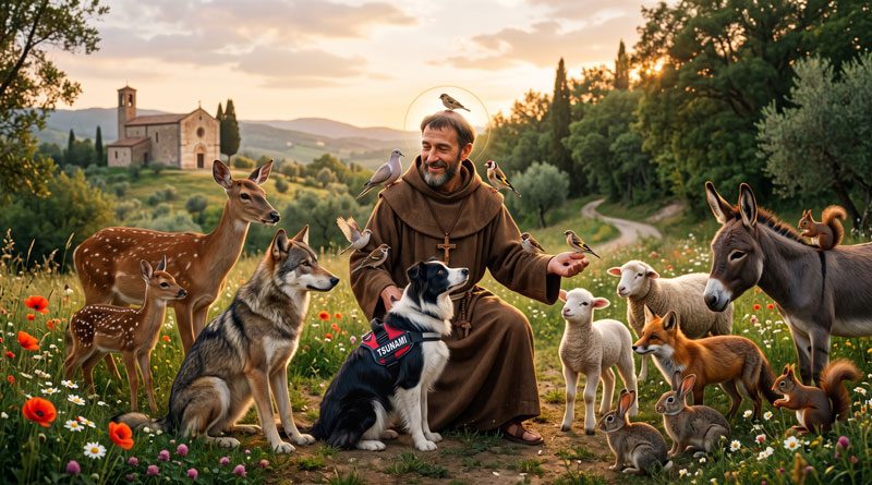 San Francisco de Asís bendiciendo y abrazando al perro rescatista Tsunami en un entorno natural.