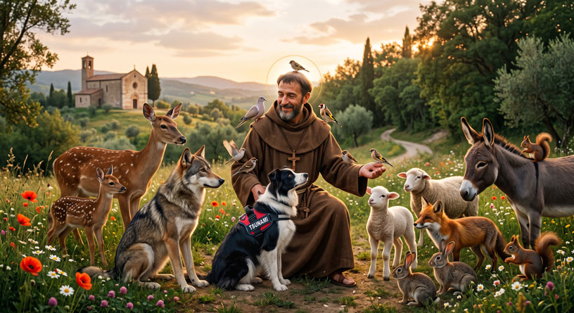 San Francisco de Asís bendiciendo y abrazando al perro rescatista Tsunami en un entorno natural.