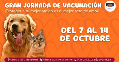 Banner naranja de la Gran Jornada de Vacunación para mascotas de APROA, mostrando un perro y un gato, con fechas del 7 al 14 de octubre en Caracas.