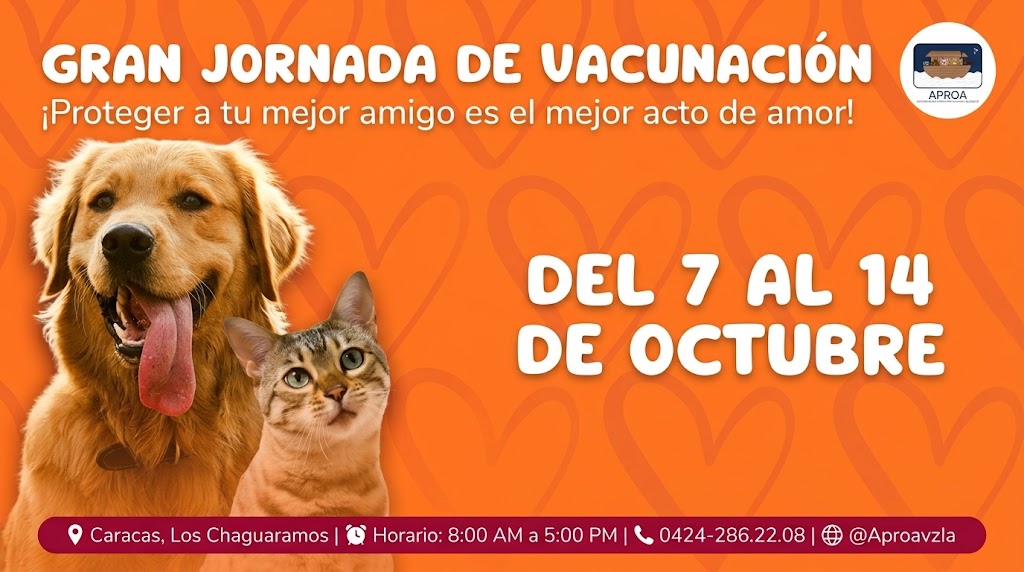 Banner naranja de la Gran Jornada de Vacunación para mascotas de APROA, mostrando un perro y un gato, con fechas del 7 al 14 de octubre en Caracas.