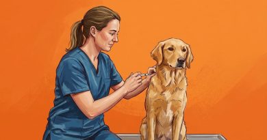 Ilustración artística en tonos cálidos sobre un fondo anaranjado plano que muestra a una veterinaria de perfil, agachada a la izquierda con uniforme médico azul, aplicando con cuidado una vacuna en el lomo de un perro de raza golden retriever que se encuentra sentado y tranquilo de perfil a la derecha.