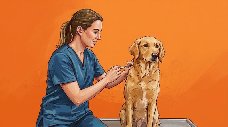 Ilustración artística en tonos cálidos sobre un fondo anaranjado plano que muestra a una veterinaria de perfil, agachada a la izquierda con uniforme médico azul, aplicando con cuidado una vacuna en el lomo de un perro de raza golden retriever que se encuentra sentado y tranquilo de perfil a la derecha.